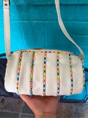 White Textured Crossbody Bag with Multicolor Trim